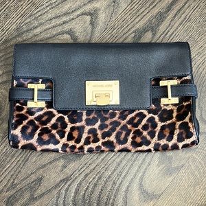 Michael Kors large leopard print black shoulder bag clutch optional gold chain